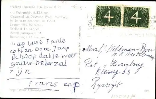 Ak SS Duivendijk, Holland-America Line HAL