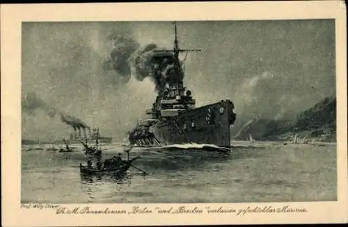 Künstler Ak Stöwer, Willy, Deutsches Kriegsschiff, Panzerkreuzer, SMS Goeben, SMS Breslau, Messina