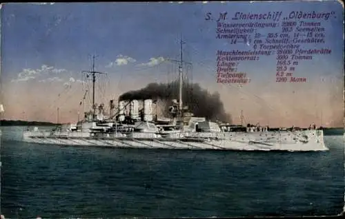 Ak Deutsches Kriegsschiff, SMS Oldenburg, Linienschiff, Kaiserliche Marine