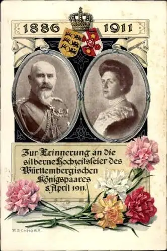 Künstler Ak Schnorr, König Wilhelm II v. Württemberg, Königin Charlotte, Silberhochzeit 1911, Wappen