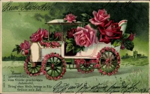 Präge Litho Automobil mit Rosenblüten