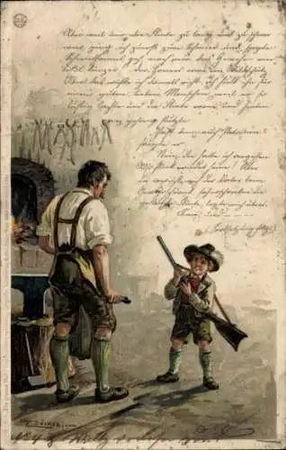 Künstler Litho Döcker, E., Schmied, Junge mit Gewehr