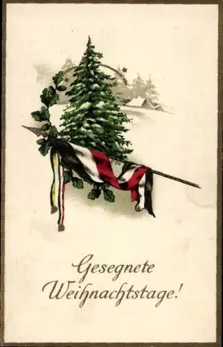 Litho Glückwunsch Weihnachten, Fahne, Tannenbaum, Patriotik Kaiserreich