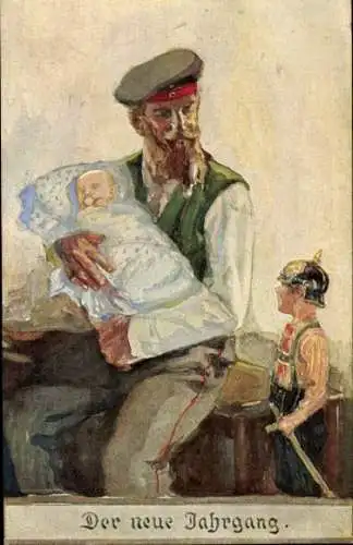 Ak Der neue Jahrgang, deutscher Soldat in Uniform mit Baby, Sohn in Uniform