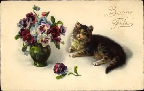 Litho Getigerte Katze, liegend, Blumenvase, Stiefmütterchen