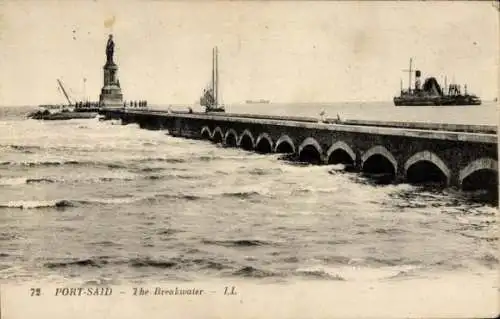 Ak Port Said Ägypten, The Breakwater, Statue, Steam ship