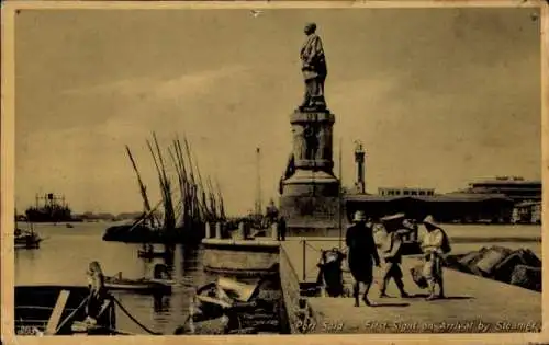 Ak Port Said Ägypten, Hafen und Lesseps Denkmal