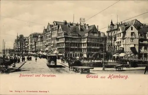 Ak Hamburg, Baumwall und Vorsetzen, Straßenbahn, Geschäftshäuser, Passanten