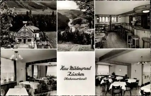 Ak Züschen Winterberg im Sauerland, Haus Mühlengrund, Fachwerkhaus, Gastraum, Tresen