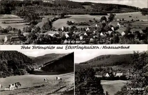 Ak Elkeringhausen Winterberg im Sauerland, Gesamtansicht, Kühe, St. Bonifatius, Orketal