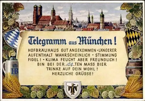 Künstler Ak Tilsner, München, Telegramm Hofbräuhaus