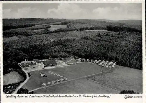 Ak Hachen Sundern im Sauerland, Fliegeraufnahme, Erholungsheim Landessportbund NRW, Zelte, Wald