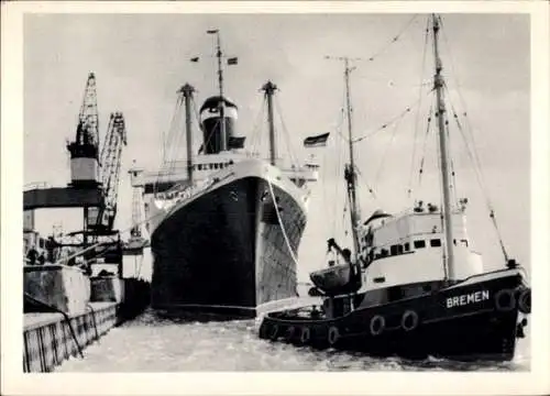 Ak Bremerhaven, Abfahrt des Passagierdampfers America, Schlepper Bremen