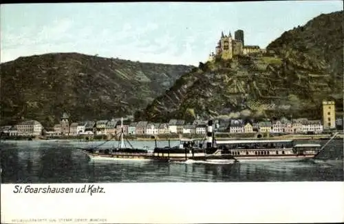 Ak St. Goarshausen am Rhein, Stadt, Burg Katz, Salondampfer