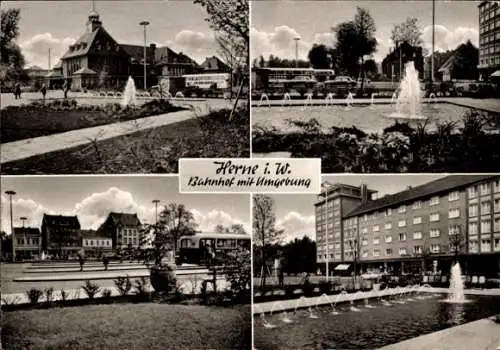 Ak Herne im Ruhrgebiet, Bahnhof mit Umgebung, Springbrunnen