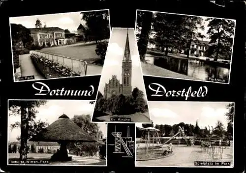 Ak Dorstfeld Dortmund im Ruhrgebiet, Ev. Kirche, Schulte Witten Park, Parkteich, Spielplatz