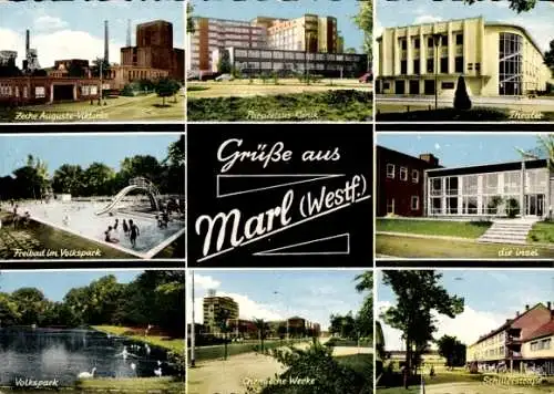 Ak Marl im Ruhrgebiet, Zeche Auguste Viktoria, Theater, Klinik, Chemische Werke, Freibad