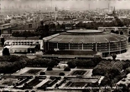 Ak Dortmund im Ruhrgebiet, Westfalenhalle mit Rosenterrasse und Blick zur Stadt