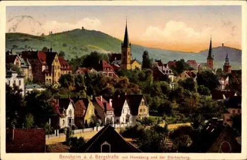 Ak Bensheim an der Bergstraße in Hessen, Blick auf den Ort mit Hemsberg und der Starkenburg