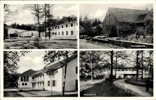 Ak Mittwald Espelkamp in Ostwestfalen Lippe, Martinskirche, Internat, Altersheim, Waldschule