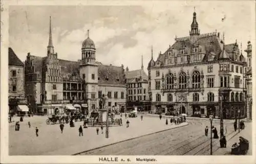 Ak Halle Saale, Straßenpartie mit Rathaus am Marktplatz