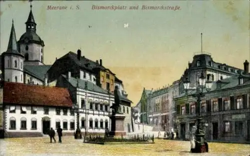 Ak Meerane in Sachsen, Bismarckplatz und Bismarckstraße, Denkmal