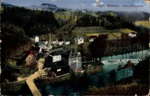 Ak Rentzschmühle Pöhl im Vogtland, Blick auf Ortschaft und Umgebung, Wehr