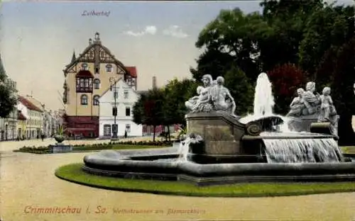 Ak Crimmitschau in Sachsen, Wettinbrunnen am Bismarckhain, Lutherhof