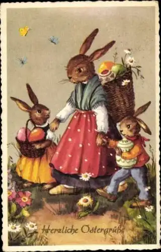 Ak Glückwunsch Ostern, Vrolijk Paasfeest, Osterhasen, Mutter mit Kindern, Ostereier, Schmetterlinge