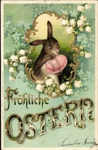 Präge Litho Glückwunsch Ostern, Hase mit Osterei, Maiglöckchen