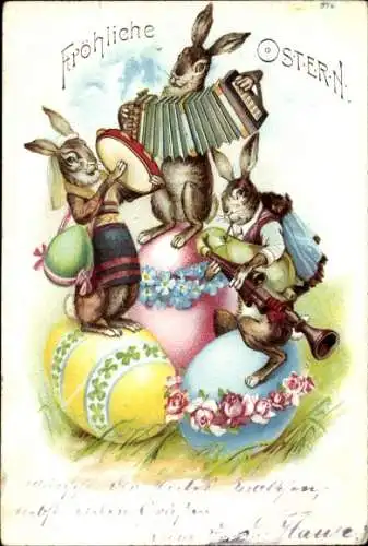 Litho Glückwunsch Ostern, Osterhasen, Ostereier, Tamburin, Akkordeon, Dudelsack