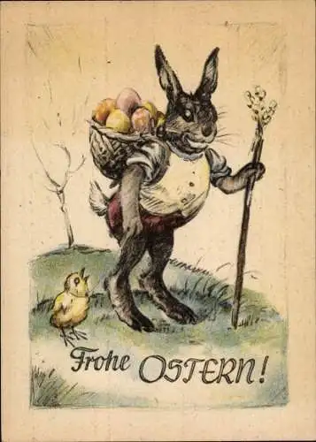 Ak Glückwunsch Ostern, Vermenschlichter Osterhase mit Ostereiern, Küken