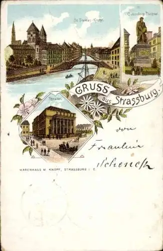 Litho Strasbourg Straßburg Elsass Bas Rhin, St Thomas Kirche, Warenhaus M. Knopf, Denkmal