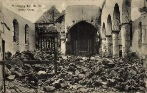 Ak Montigny-sur-l’Hallue Somme, zerstörte Kirche, Inneres