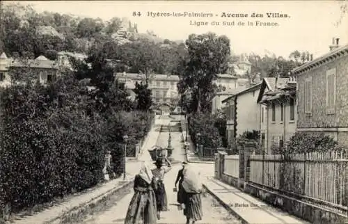 Ak Hyères les Palmiers Var, Avenue des Villas, Ligne du Sud de la France