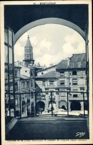 Ak Montauban Tarn et Garonne, Place Nationale, Kirchturm St. Jacques