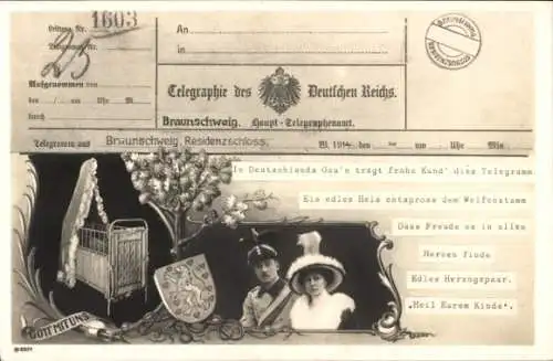 Ak Herzog Ernst August von Braunschweig Lüneburg, Viktoria Luise, Telegramm, Geburt, 18. 06. 1914