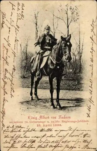 Ak König Albert von Sachsen, Portrait auf einem Pferd, Trauerkarte