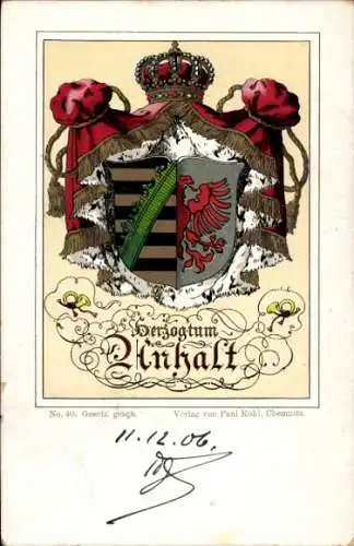 Wappen Litho Herzogtum Anhalt, Krone, Adler