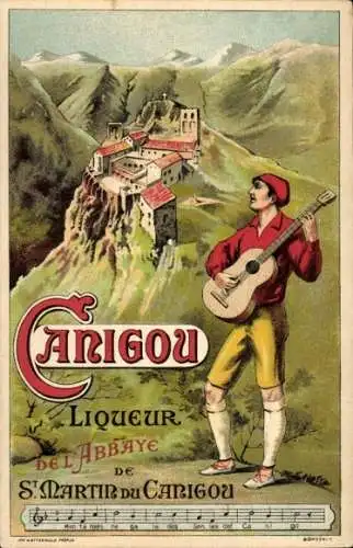 Lied Ak Canigou Likör Reklame, Troubadour, Abtei Saint Martin du Canigou