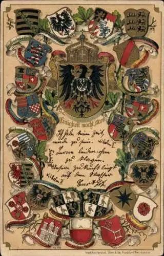 Präge Wappen Ak Einigkeit macht stark, Landeswappen, Stadtwappen