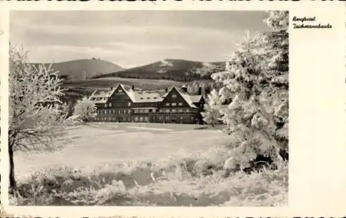 Ak Karpacz Krummhübel Riesengebirge Schlesien, Berghotel Teichmannbaude, Winterlandschaft