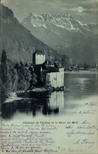 Mondschein Ak Chillon Lac Léman Kt. Waadt Schweiz, Schloss bei Nacht