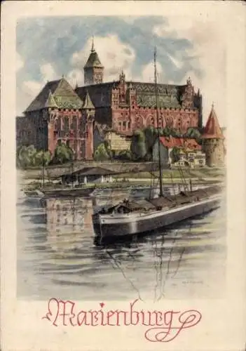 Künstler Ak Malbork Marienburg Westpreußen, Marienburg, Uferpartie mit Binnenschiff