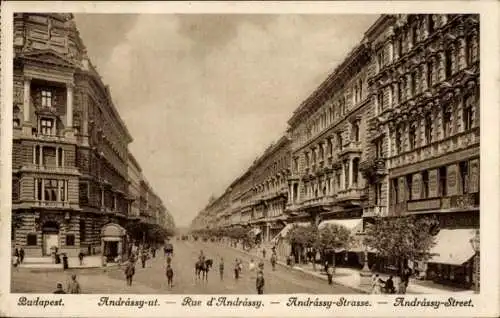 Ak Budapest Ungarn, Blick in die Andrassy Straße, Reiter, Geschäfte