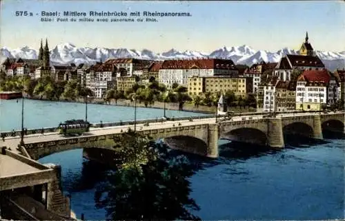 Ak Basel Stadt Schweiz, Mittlere Rheinbrücke, Rheinpanorama