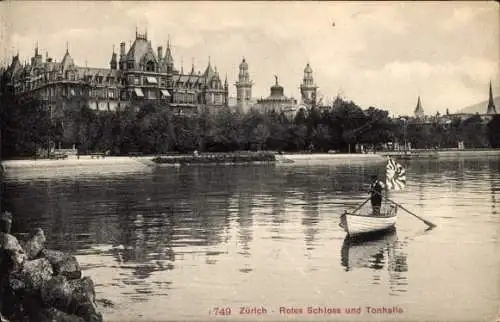 Ak Zürich Stadt Schweiz, Rotes Schloss und Tonhalle, Ruderboot