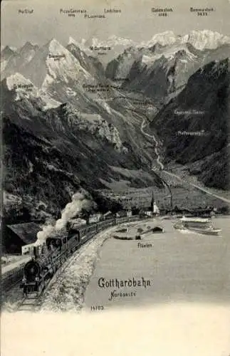 Ak Flüelen Kt. Uri Schweiz, Gotthardbahn, Erstfeld, Dammastock, Leckihorn, Galenstock