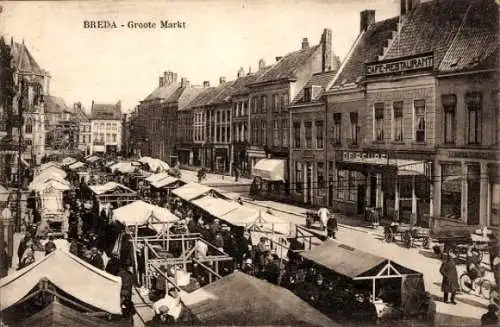 Ak Breda Nordbrabant Niederlande, Groote Markt, Café-Restaurant