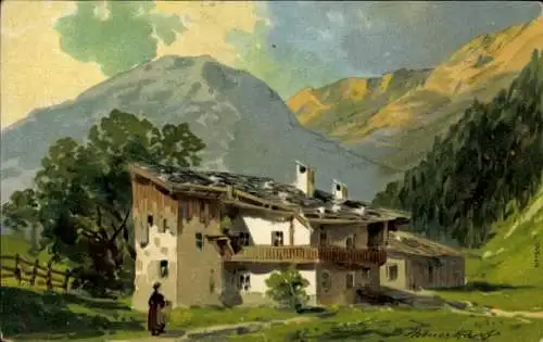 Künstler Litho Theuerkauf, Gottlob, Gebirgslandschaft, Wohnhaus